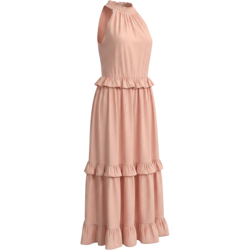 (B2) Petal Roz Peach Pink Tiered Ruffle Halter Maxi Dress Small Boho Summer NWOT